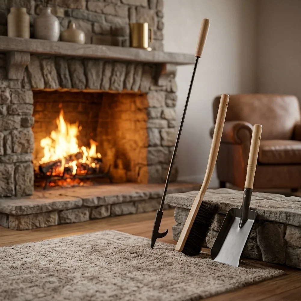 Fire Hook Shovel and Dust Brush 3 Piece Set Designed to Support Fireplace Operation and Post Use Cleanup Routines