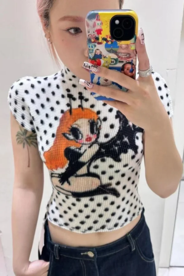 

Summer New Ruched Polka Dot Cartoon Print T Shirt for Women Y2K Hot Girl Style Slim Fit Cropped Top with Structured Shoulders