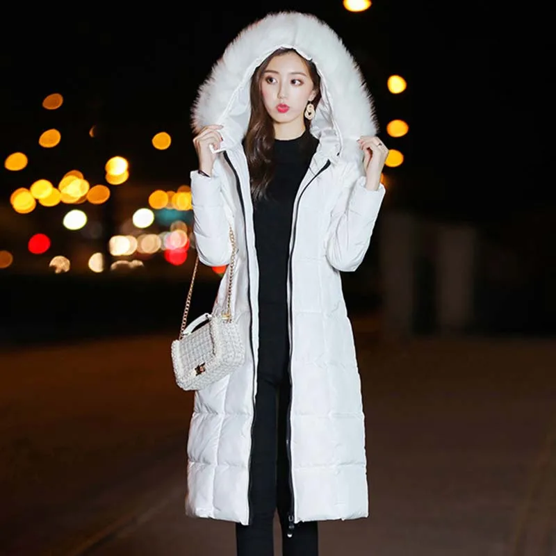 

2023 X-Long Winter Coat Women's Down Cotton Padded Jacket Thick Warm Big Fur Collar Hooded Overcoat Parka Solid Lady Outerwear