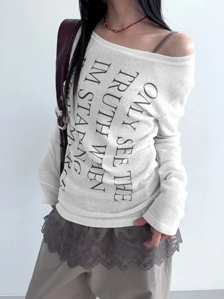 Y2k Esthétique Slash Cou Vintage T-shirts Occasionnels Streetwear Lettre Impression Grunge T-shirts Femmes Harajuku Simple 2024 Automne T-shirt