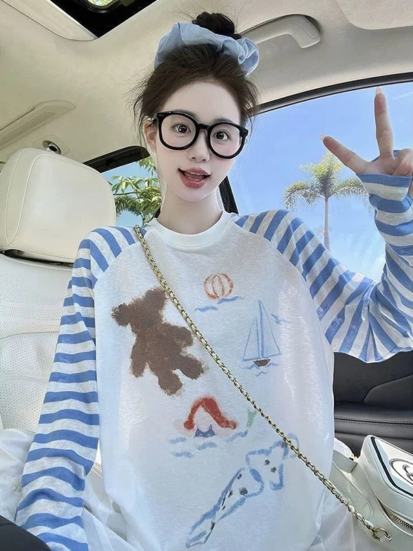 

Loose Long Sleeve T-Shirt Women's Korean Style Bear Print Sunshade Cover up Breathable Commute Style Summer Fashion Top
