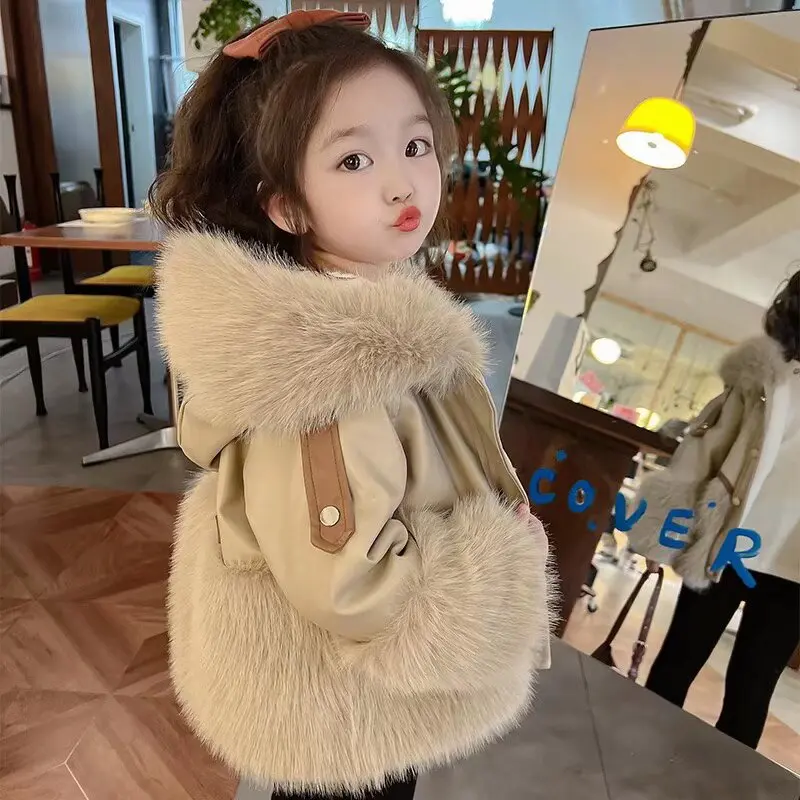 Winter Girls Winter Coat New All Wool Double Sided Cashmere Coat Belt Fox Fur Collar Coat  festival Girls Jacket