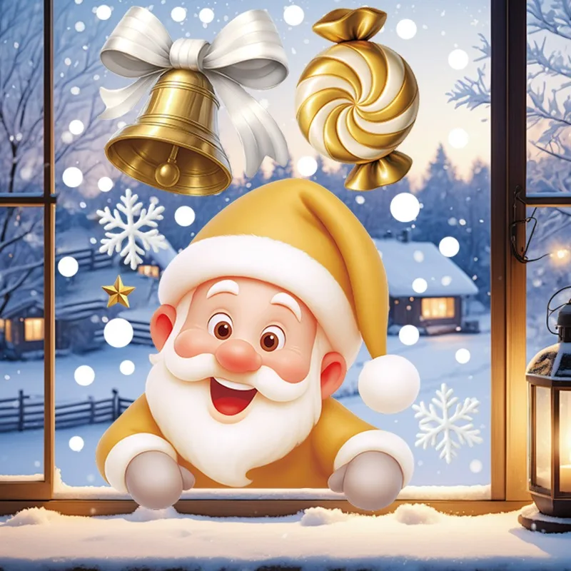 Christmas Snowflake Santa Claus Window Stickers Cartoon Xmas Tree Elk Bell Party Sticker New Year Party Festive Sticker Decor