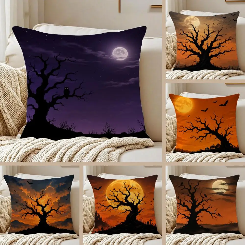 Halloween Dead Tree Silhouette Cushion Cover Pillowcase Anti-dustmite Invisible Zipper Short Plush Sofa Cushion