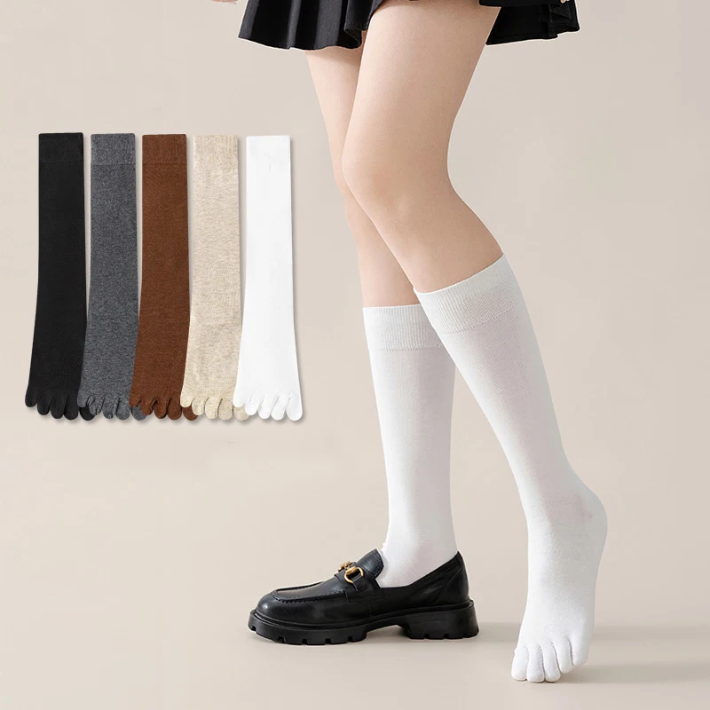 5 Pairs Toe Socks Long Women Girl Cotton Solid Stockings Below The Knee Elastic Young Fashion  Leg Pile Calf 5 Finger Socks