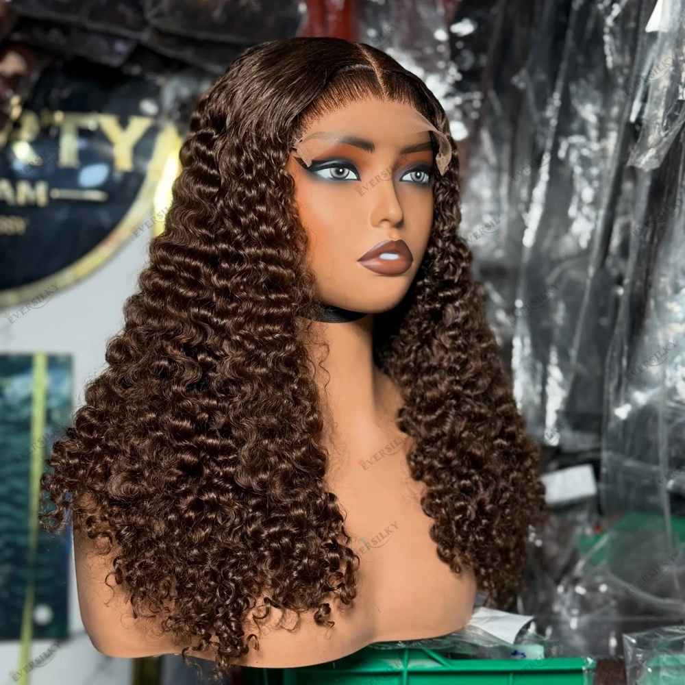 Cocoa Brown Deep Curl Human Hair Lace Front Wig for Black Women Middle Part Remy Peruvian Hair Glueless Full Lace Wig Afro Wig