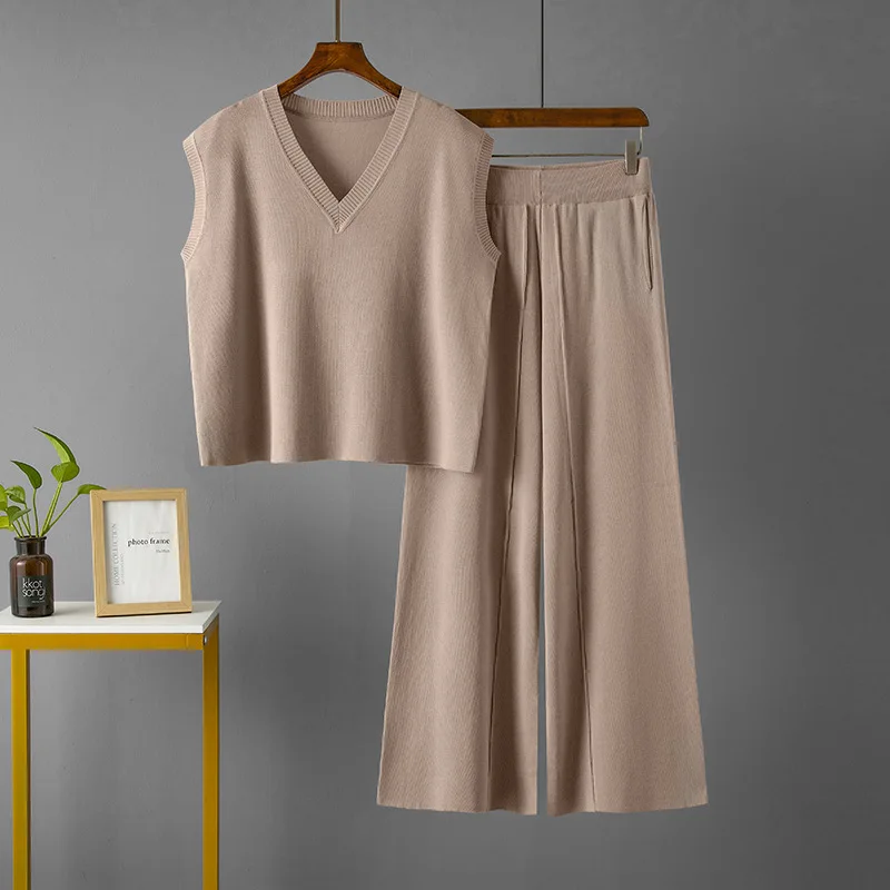 Fashion Suit Women's Spring Summer V-neck Loose Sleeveless Knitted Vest Top High Waist Loose Thin Casual Split Wide-leg Pants