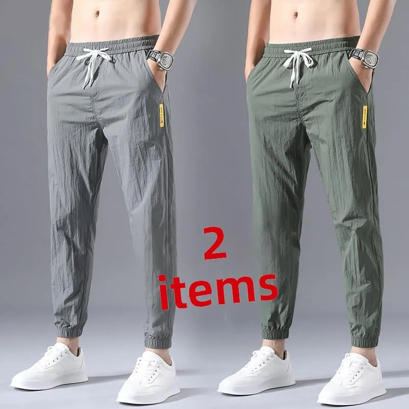 

Свободные мужские спортивные брюки больших размеров из ультратонкого ледяного шелка, летние повседневные модные длинные брюки для мужчин больших размеров