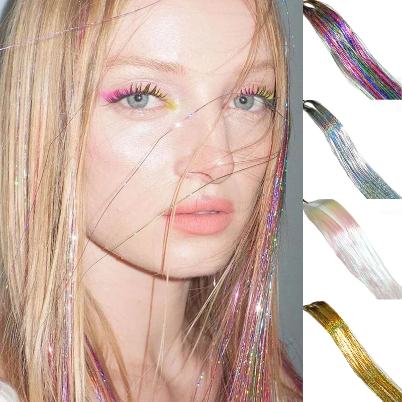 20 Colors Synthetic Hair Tinsel Kit with Tool 150 Strands Fairy Hair Extensions Sparkling Shiny 120cm for Party And Cosplay