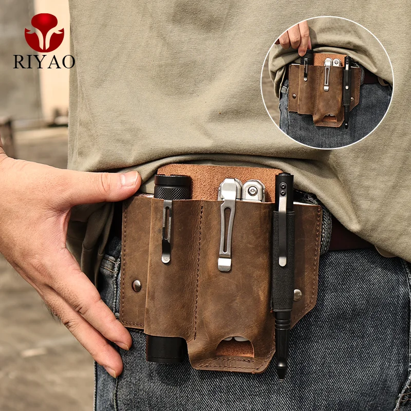 RIYAO EDC Outdoor Leather Sheath Multi-tool Holder Belt Organizer Pocket Hunting Tactical Knife Flashlight Holster Waist Packs