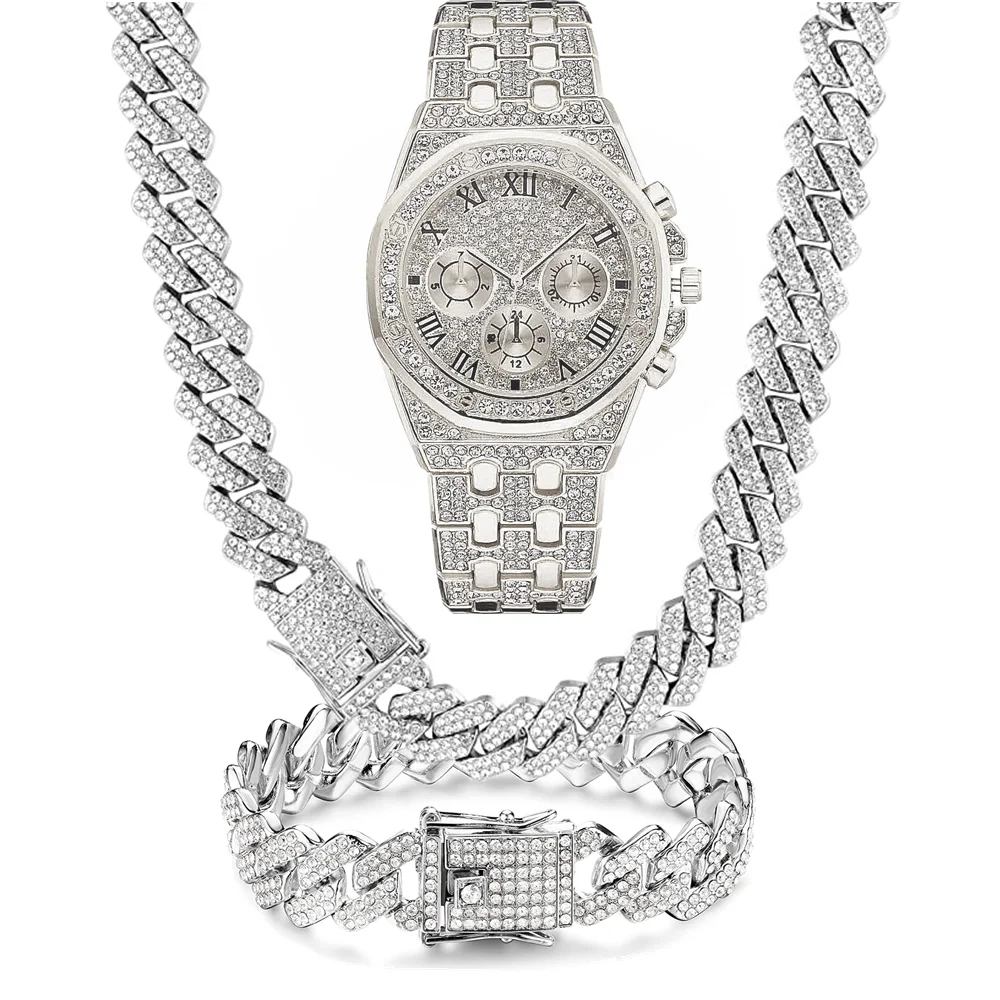 Classic Top Brand 3PCS Fashion Jewelry Set 15MM Bling Iced Out Cuban Necklace Watch Bracelet For Women Holiday Birthday Gifts