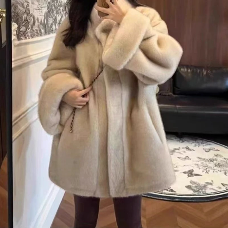 Fur Stand-up Collar Jacket New Winter Medium and Long Long Loose Imitation Mink Elbow Sleeves