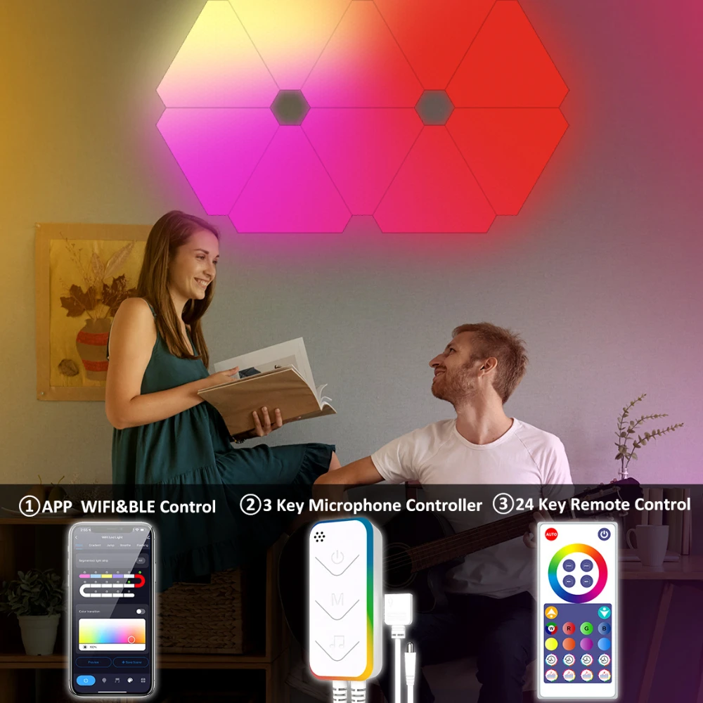 Imagem -06 - Rgb Triangle Wall Led Light Lâmpada Quantum Faça Você Mesmo Jogo Luzes Ambientais Controle Remoto Wi-fi Pickup Music Sync Decoração de Loja