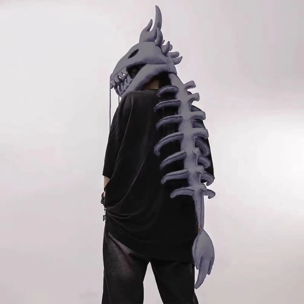 Plush Material Dragon Headpiece Exoskeleton Spine Tail Bone Shape Dinosaur Skeleton Mask Warm Tone Colors Wearable Costume Prop