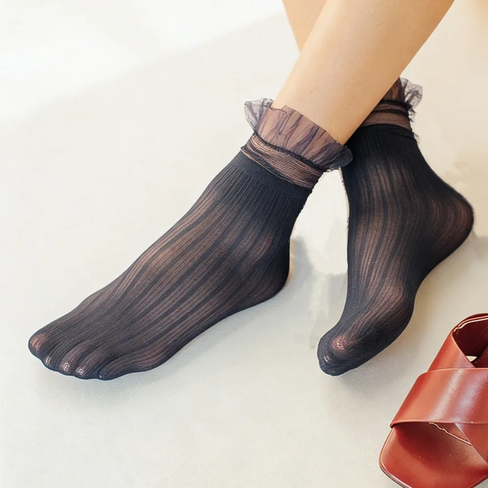 Summer Thin Lace Mesh Ruffle Socks Striped Princess Breathable Silk Ankle Sock Japanese Kawaii Girls Sweet Cute Black White Sox