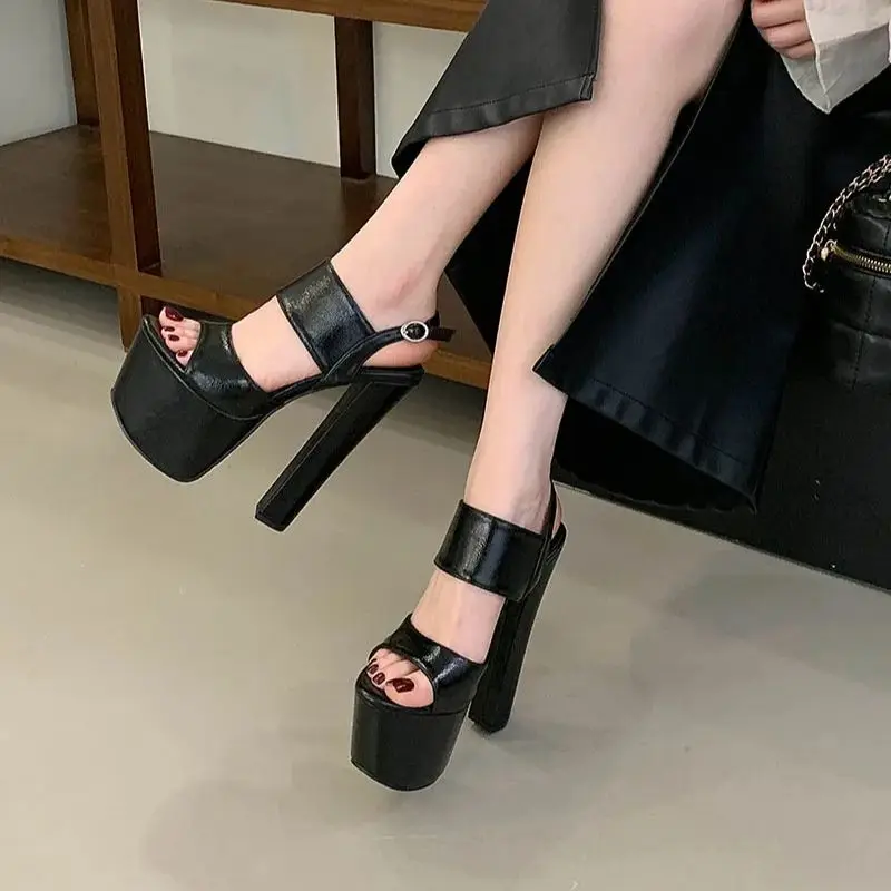 

16cm Heeled Sandals Black Chunky Shoes Woman Platform Sandal Sexy Extreme High Heels Stripper Shoes Plus Size 44 45 Summer Shoes