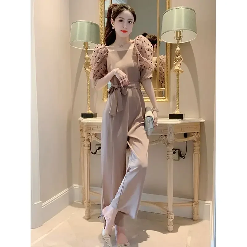 

High End Small Fragrant Long Jumpsuit Women Summer Light Luxury Jumpsuit High Waist Bubble Sleeve Wide Leg Pants Jumpsuit Female