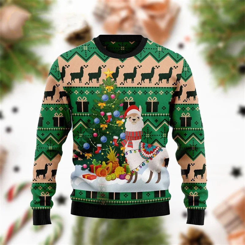 Santa Claus Deer Pattern Sweatshirts For Men Christmas Alpaca Rabbit 3D Printed Tops Autumn O-Neck Hoodies Long Sleeve Pullover