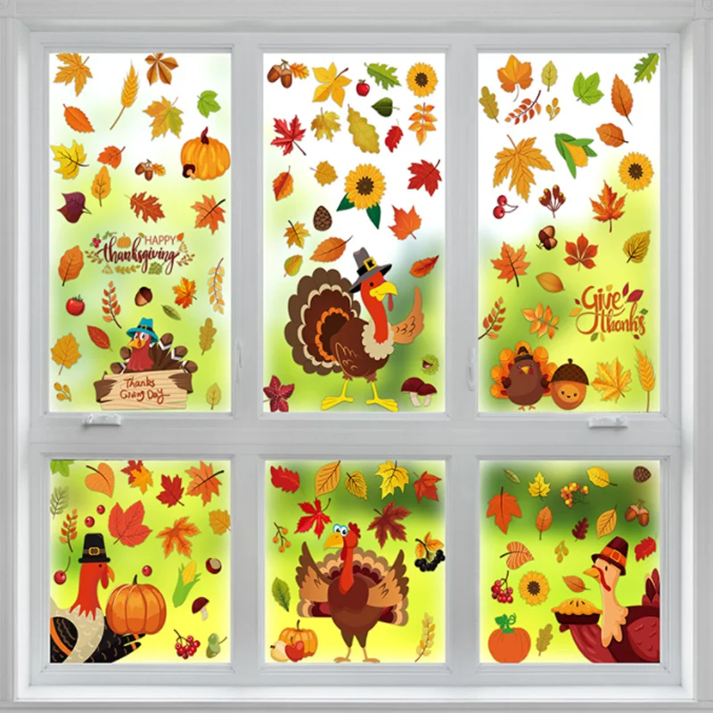 

Thanksgiving Maple Leaf Turkey Static Sticker DIY Car Scrapbook Mobile Phone Window Glass Refrigerator Stickers Decor Stationery