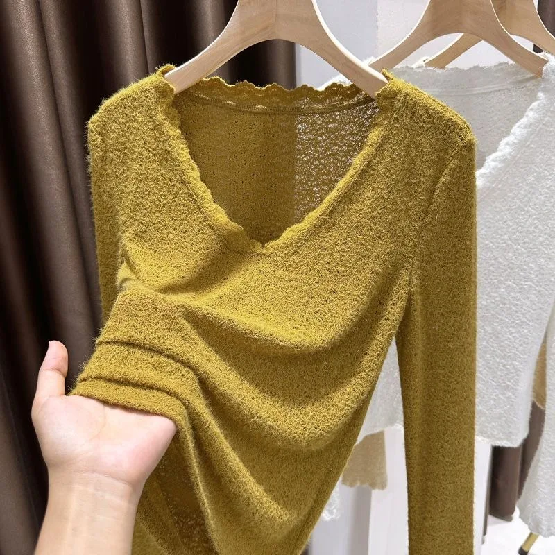 Pure Desire Women Autumn Winter Lace Trim V Neck Brushed Long Sleeve Knit Top Inner Base Shirt
