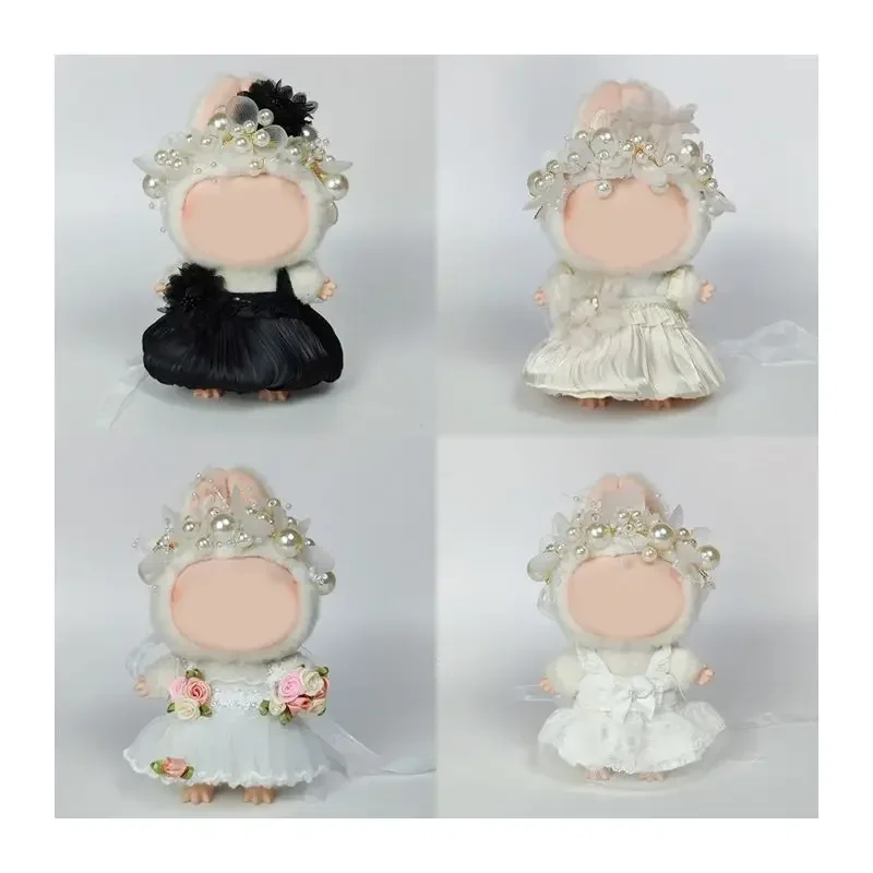 

For 17cm Labubu Black & White Outfit Set with Pearl Flower Headpiece and Elegant Dress Plush Toy Cosplay Costume Accessories