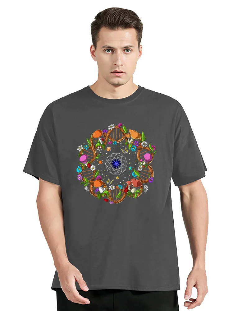 Psychedelic Forest Sacred Geometry Mushrooms Cottagecore Tshirt Men Women Short Sleeve Cotton T-Shirt Men Clothing Tees Tops