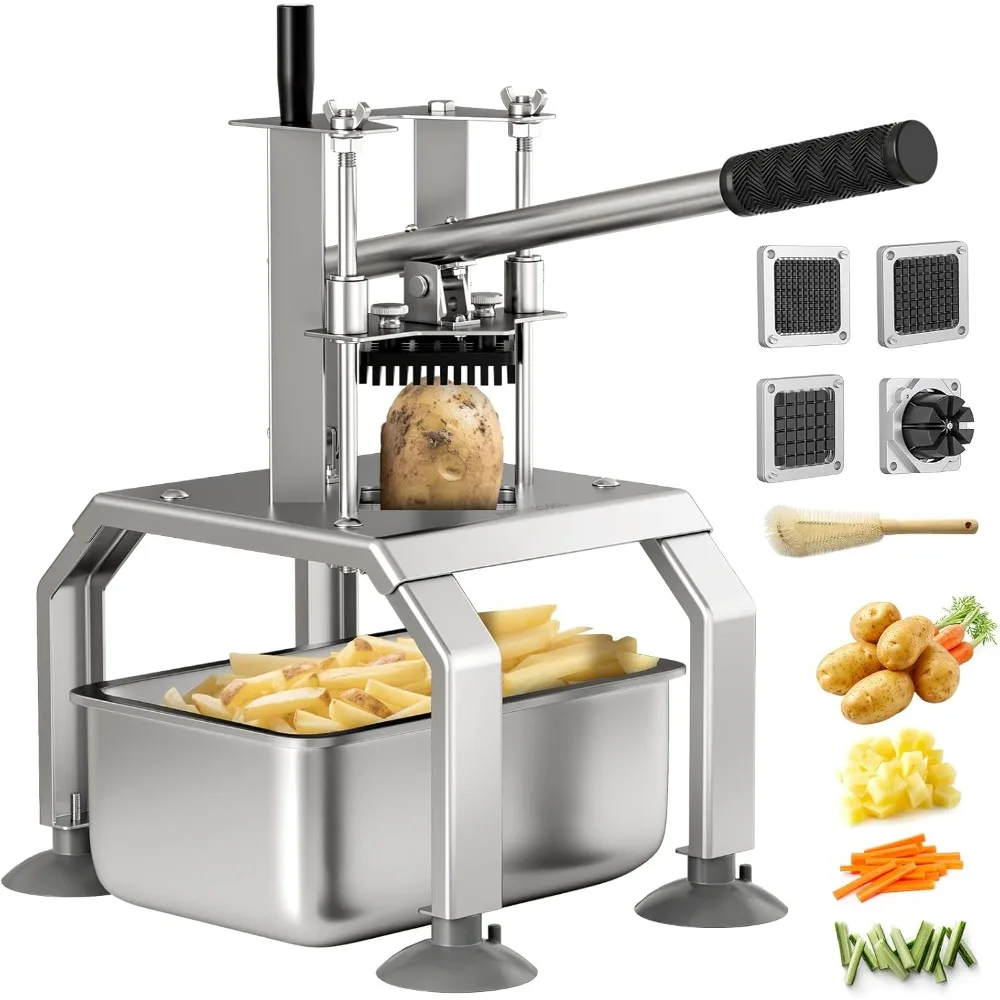 

French Fry Cutter and Vegetable Fruit Dicer with 4 Stainless Steel Blades, Includes 3/8, 1/2, 1/4, and 8-Wedge Blades