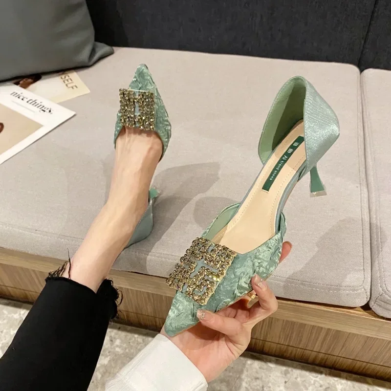 

New Water Diamond Square Button Single Shoes Women's Silk Versatile Pointed High Heels Thin Heels Shallow Mouth Work Shoes