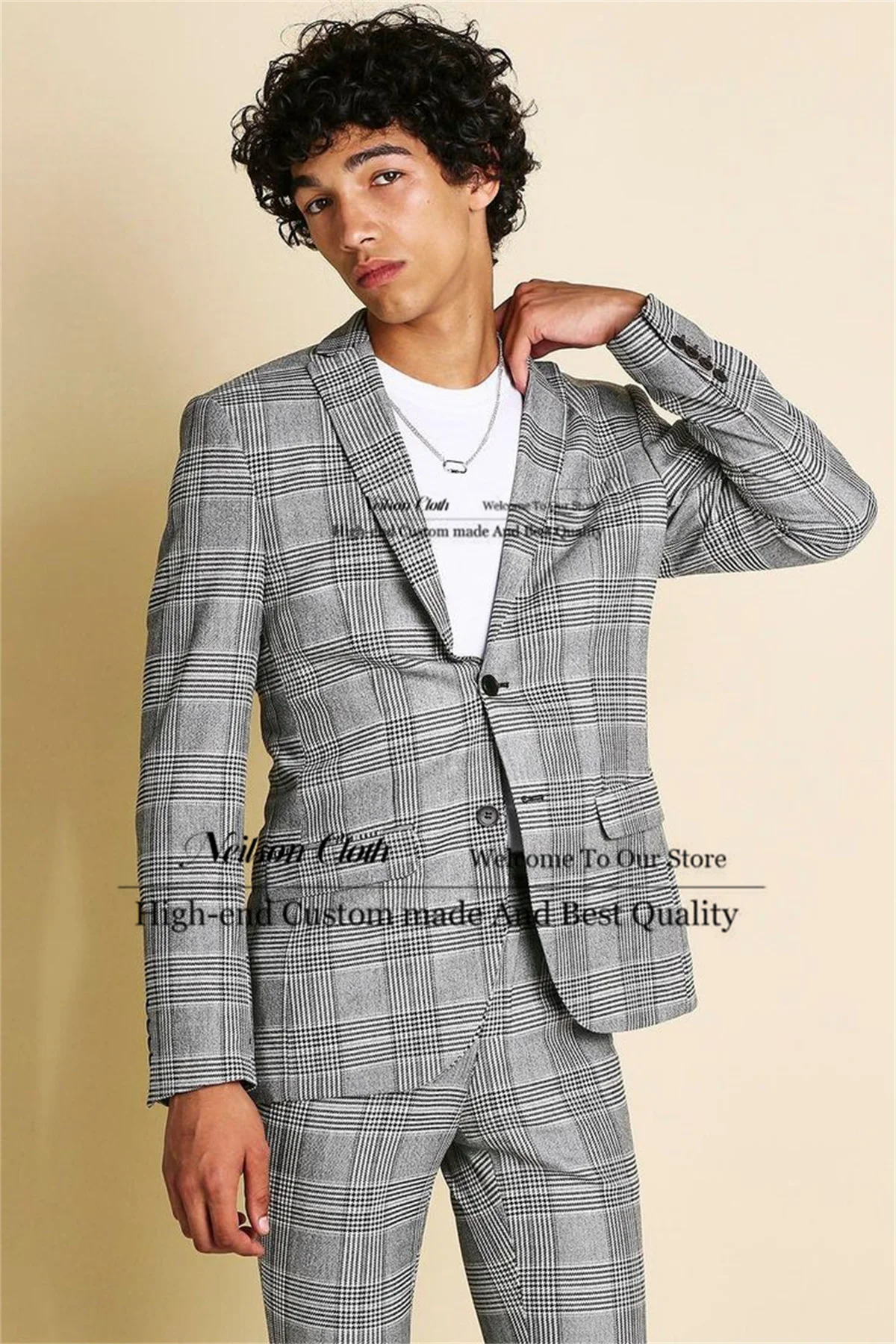 

Business Plaid Male Prom Blazers Customized Grey Groom Wedding Tuxedos Peaked Lapel 2 Pcs Jacket Pants Sets Terno Masculino