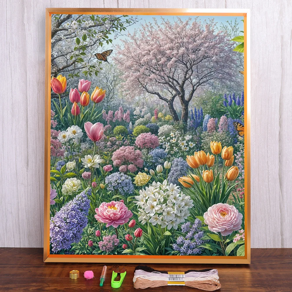 

Scenery Garden Printed Fabric Cross Stitch Complete Kit DIY Embroidery Sewing Needlework Painting Handicraft Magic Mulina Gift