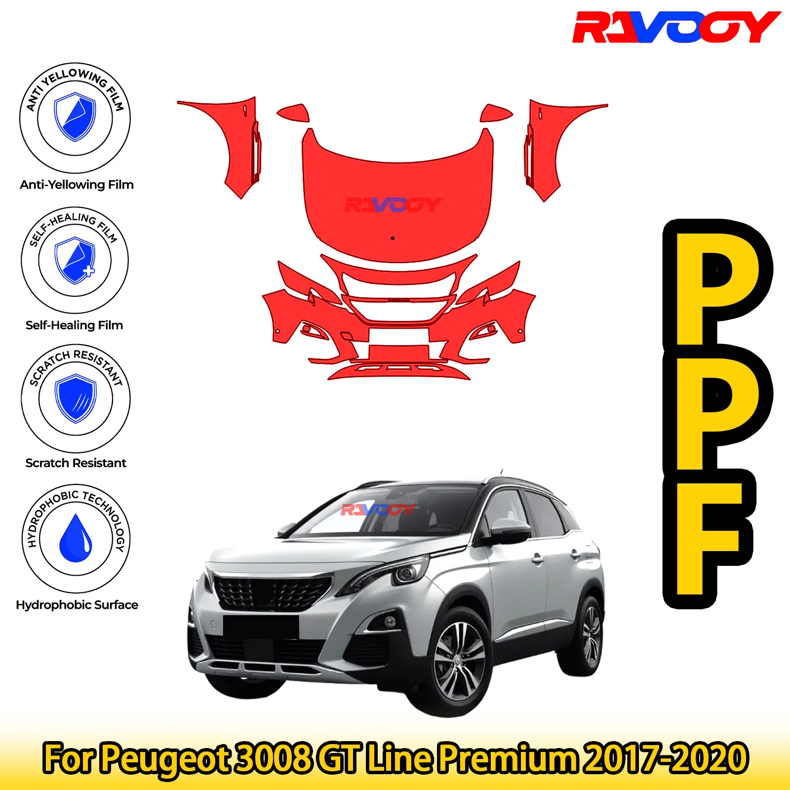 

For Peugeot 3008 GT Line Premium 2017-2020 Glossy Matte Black Precut front PPF Kit Paint Protection Film