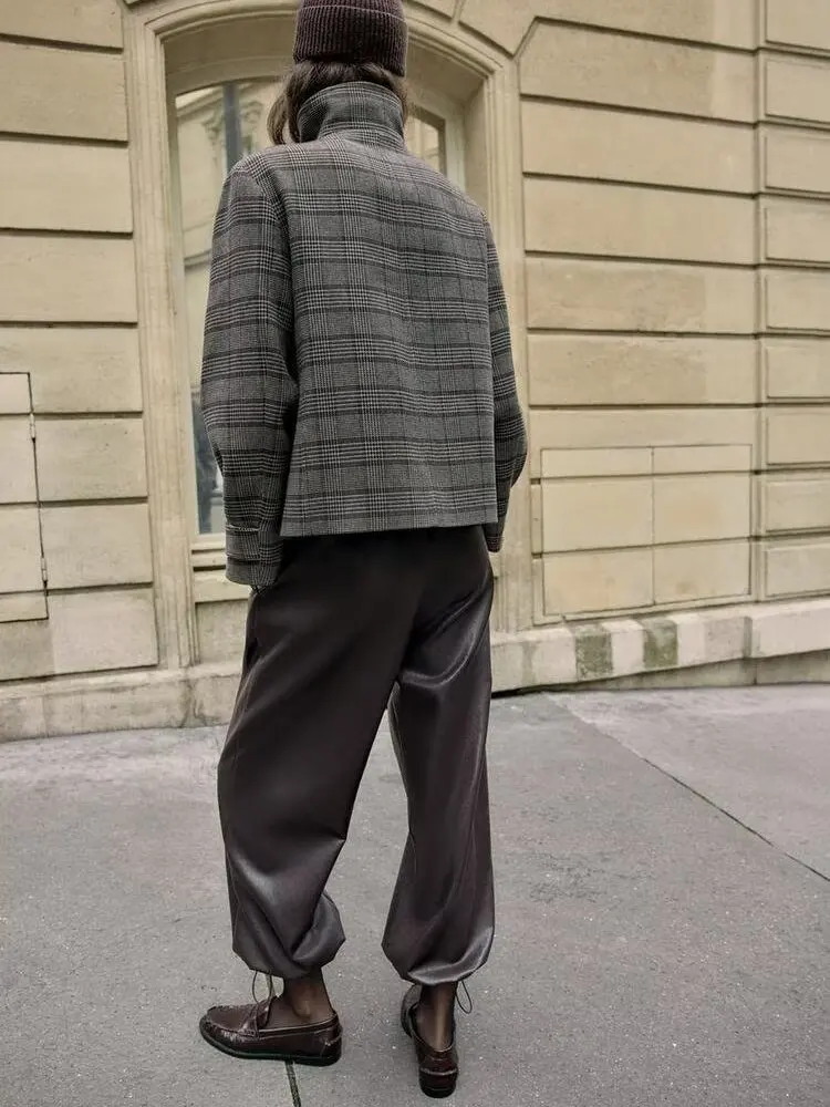 2022 Winter Nieuwe Sle Dames Lange Sve Opstaande Kraag Plaid Double Breasted Jaet Pendelen Faion Loose Fit Polyestervezel