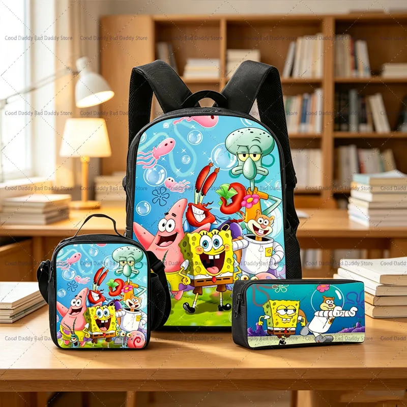 Cartoon Backpack Lunch Bag Pencilcase Set SpongeBob SquarePants Back To School Bag for Student Three-pieces Suit Rucksack Penbag