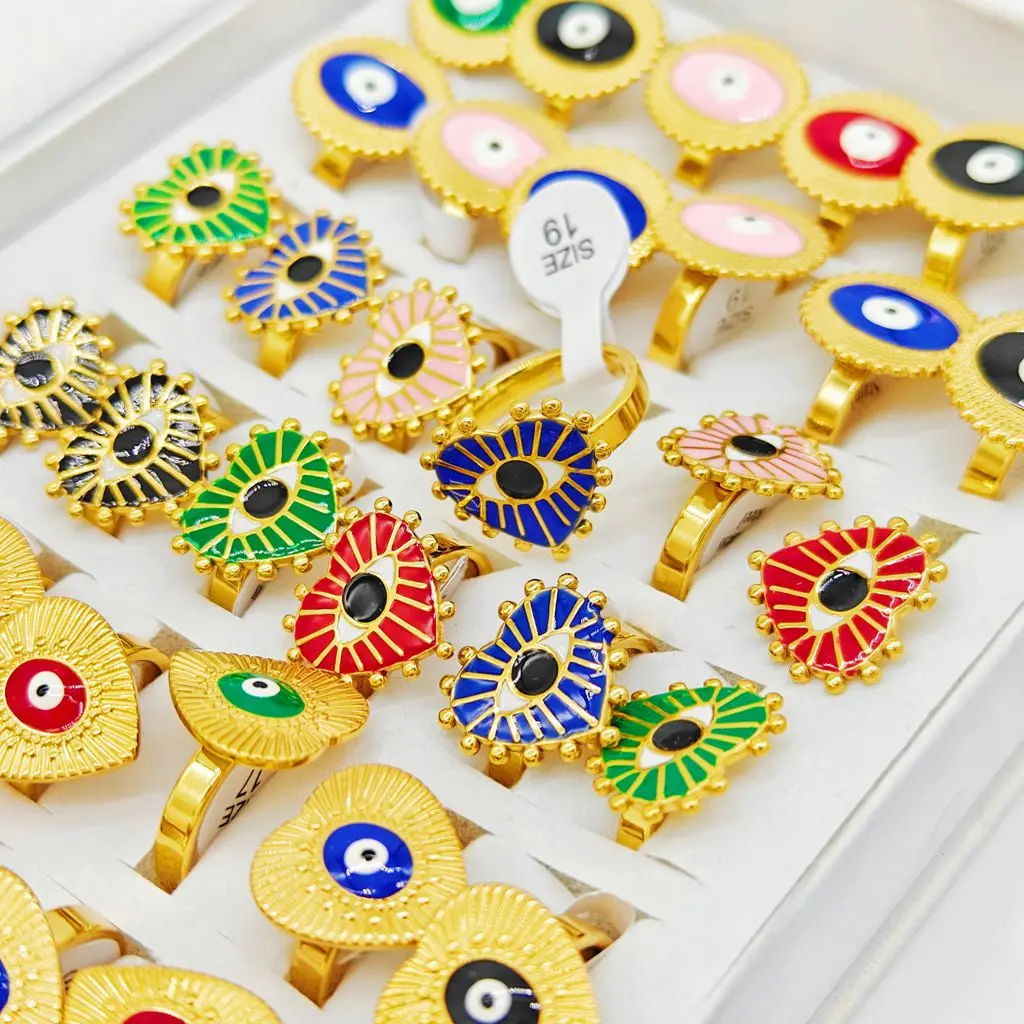20/30/50pcs Wholesale Mix Design Gold Plated Eye Rings For Women Trendy Round Heart Shape Party Jewelry Gift Jewelry Bulk image 3