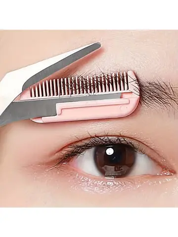 Pink eyebrow trimming scissors with built-in comb - stainless steel, precise grooming tool, creating perfect eyebrows