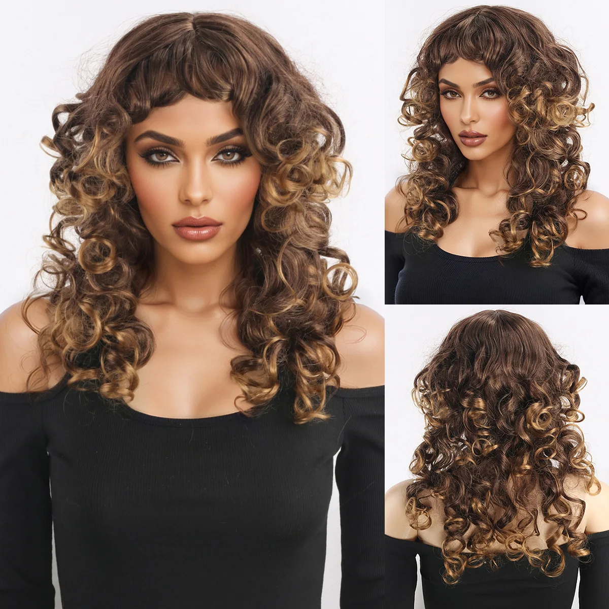 European and American style women's small curly hair with bangs, long curly hair headband, wig cover-Synthetic fiber wig