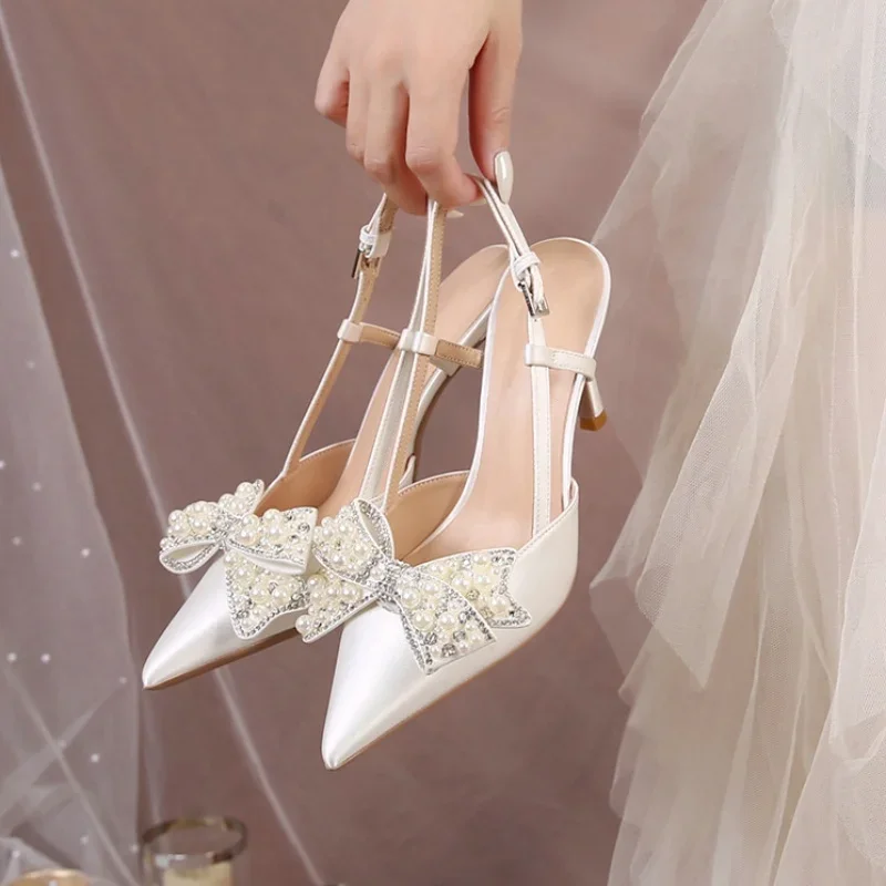 2024 New Summer Baotou Sandals Female Butterfly Pearl Wedding Shoes Bridesmaid Shoes Elegance High Heels