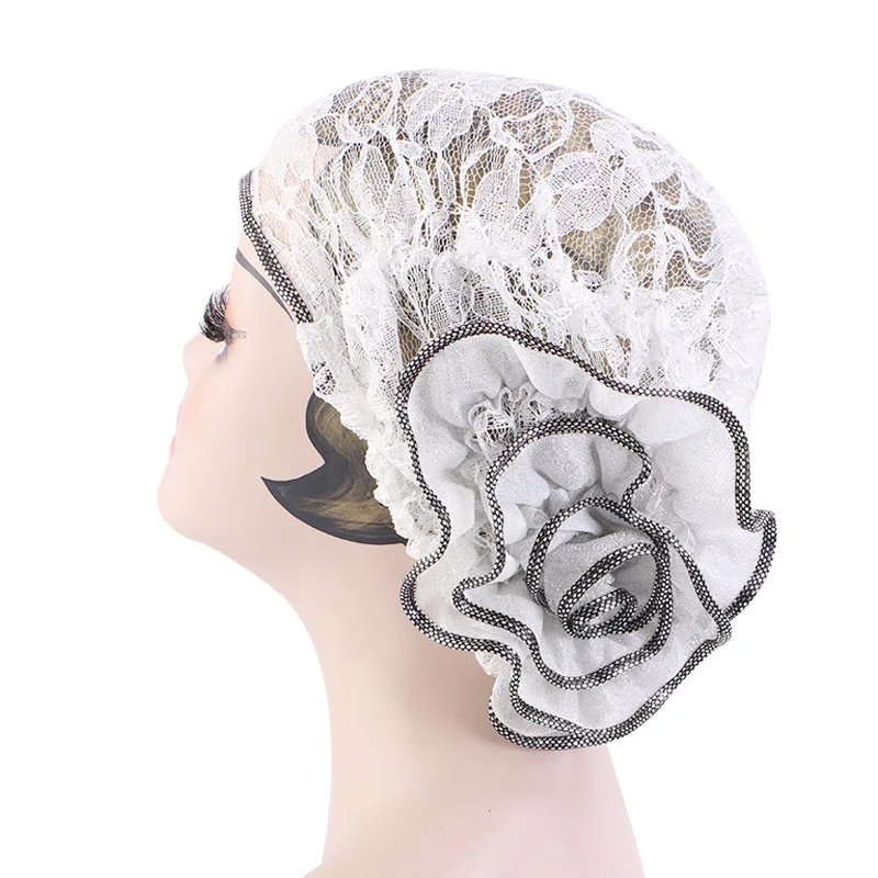 New Large Breathable lace Flower Turbans For Women Muslim Ruffle Cancer Chemo Beanie Caps hijab inner bonnet Islamic Headwear