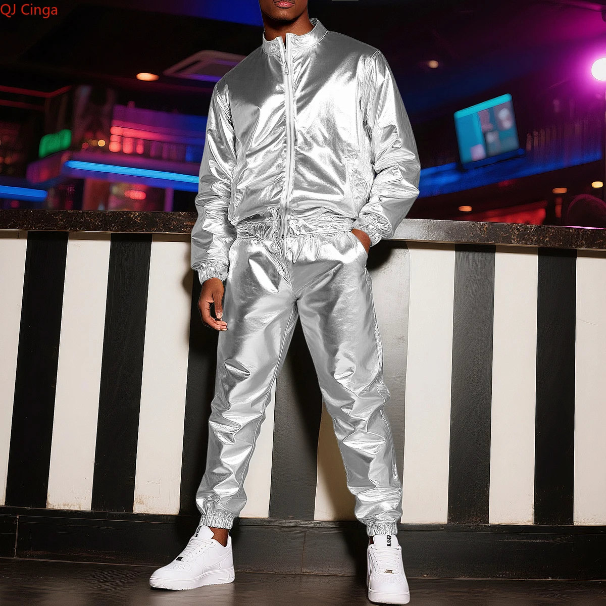 Gold Men's Stand-up Collar Jacket Paired with Elastic Waist Pants. Nightclub/stage Performance Two-piece Set. Red,Silver,Blue.