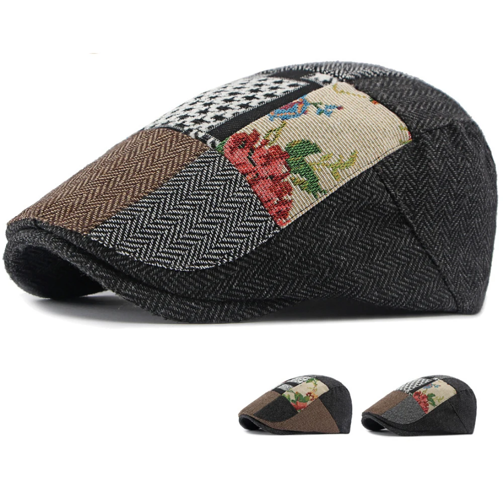 HT5158 Herren-Baskenmütze Vintage Patchwork Künstler-Malermütze Verstellbare Ivy-Flatcap für Männer und Frauen Herbst Winter Karierte Baskenmütze – Detail 1