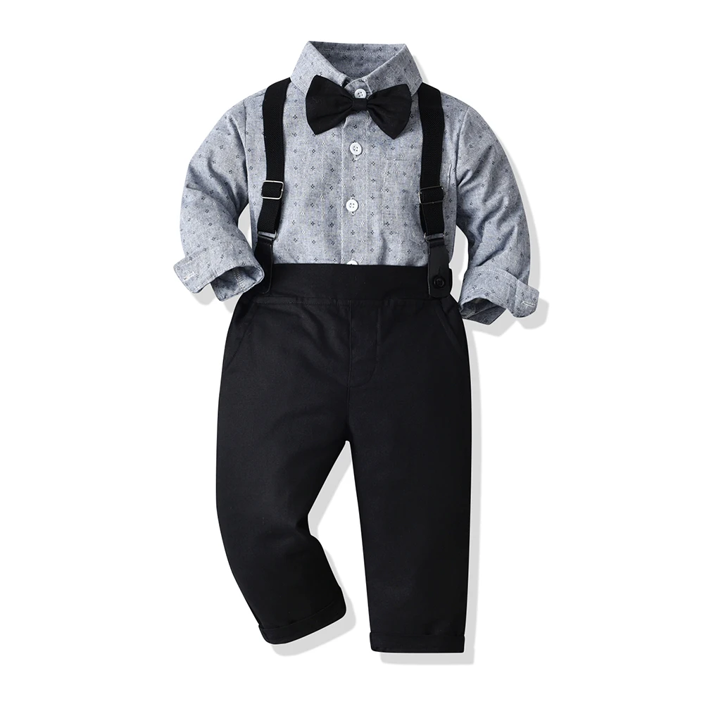 

New Fashion Kids Boys Gentleman Clothing Set Long Sleeve Shirt Tops With Bowtie+Overalls Clothes Outfit Boy Formal Suits Bebes