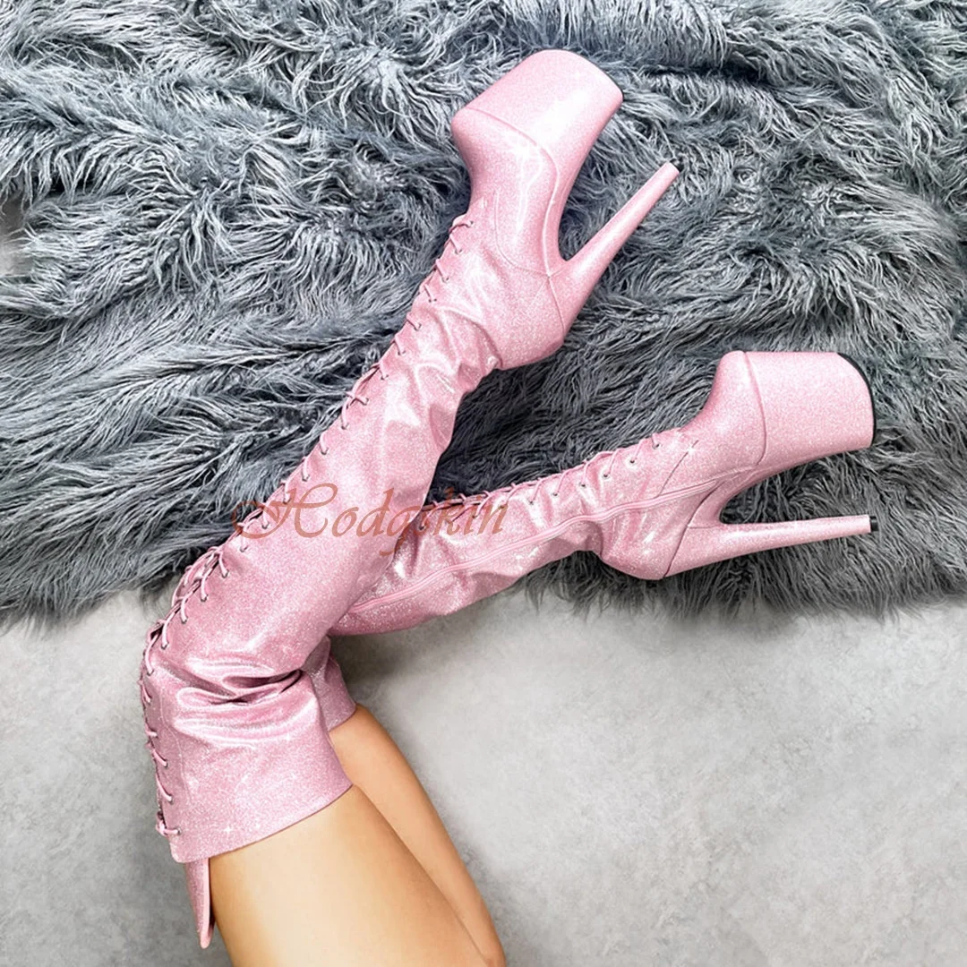 Super High Heels Platform Boots Shiny Leather Side Zipper Over The Knee Boots Round Toe New Style Cross Tied Women Winter Shoes