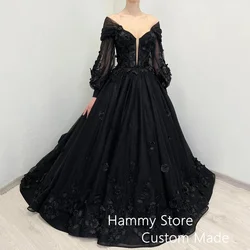 New Arrival Gothic Wedding Dress Customized Puff Sleeves V Neck A Line Court Train 3d Flower Bridal Gown for Bride Lace-up