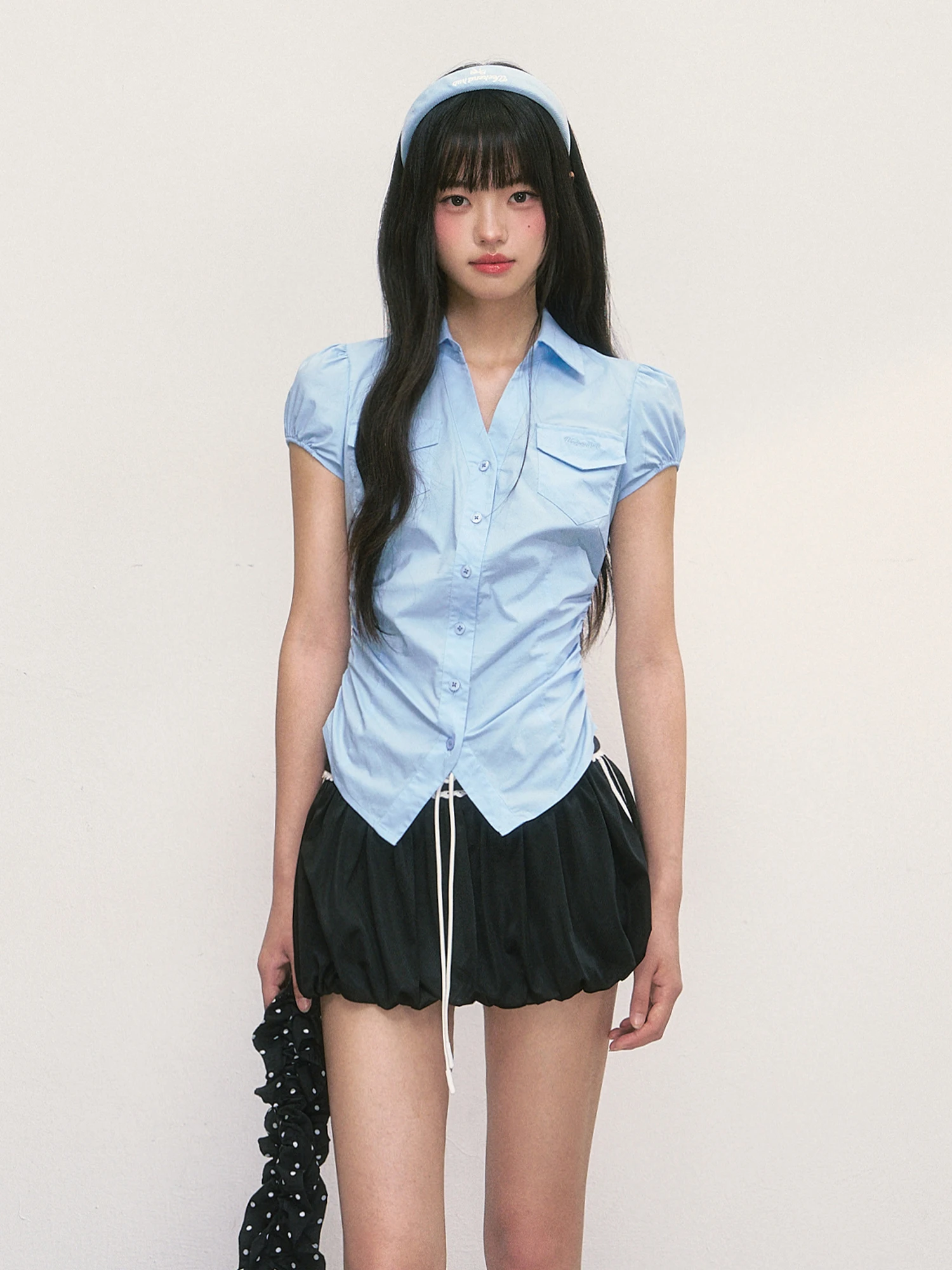 

Летняя женская футболка Wedhub Slim Fit синего цвета с отложным воротником, легкий топ с эффектом похудения, рукав-фонарик, короткий рукав