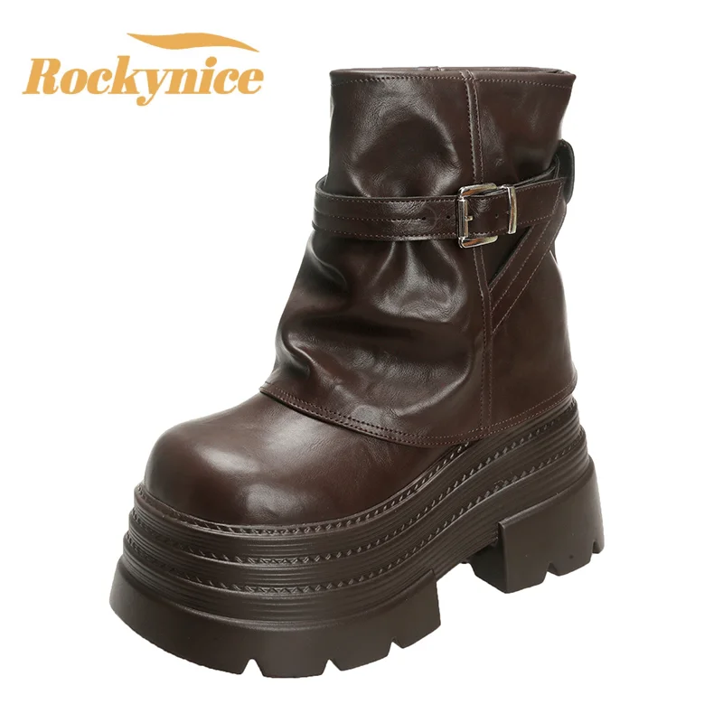 

Women High Platform Ankle Boots Autumn Winter Gothic Style Leather Shoes Buckle Punk Motorcycle Boots Round Toe Chunky Sneakers