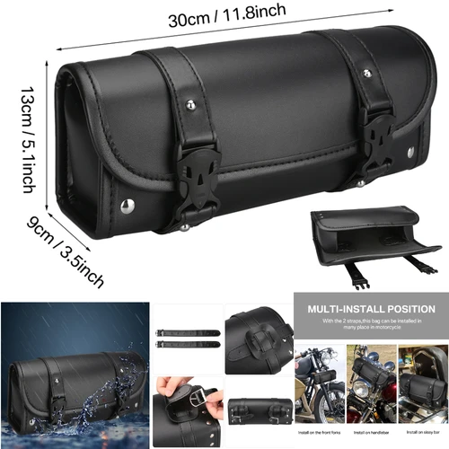 Imagen 2 del producto Alforjas de motocicleta de cuero PU, bolsa de herramientas trasera para horquilla delantera, equipaje para Harley Chopper Bobber Cruiser Sportster XL 883 1200