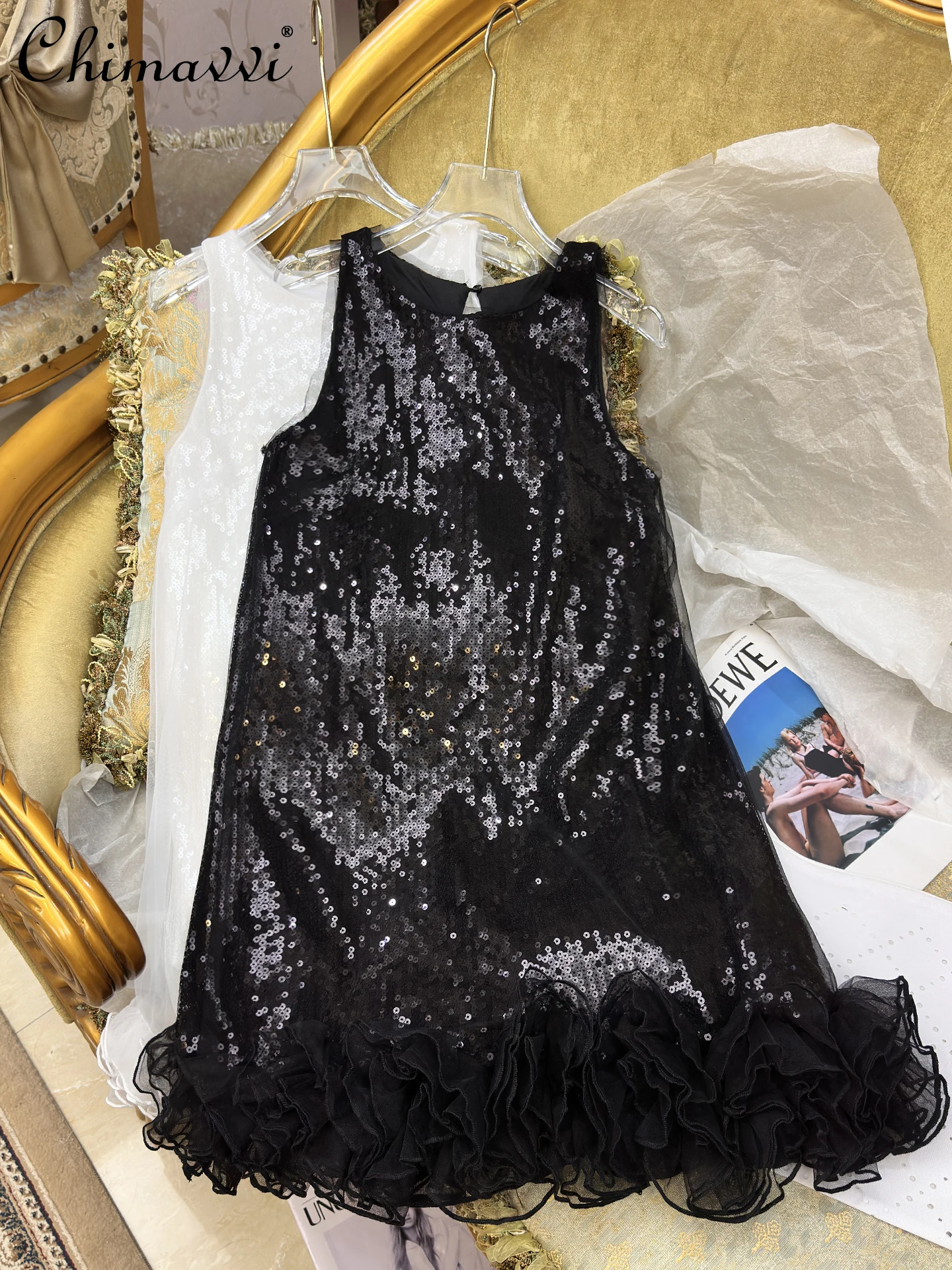 

Autumn New Heavy Princess Sequined Mesh Dress Fashion Sweet Girl Vacation Loose Elegant Sleeveless Lotus Leaf Dress Women