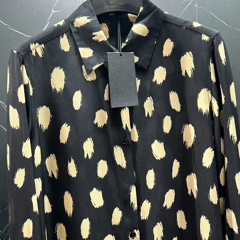 Classic Silk Graffiti Polka Dot Loose Shirts New Single Breasted Lapel Long Sleeve Blouses Autumn High End Y2K Clothing Runway