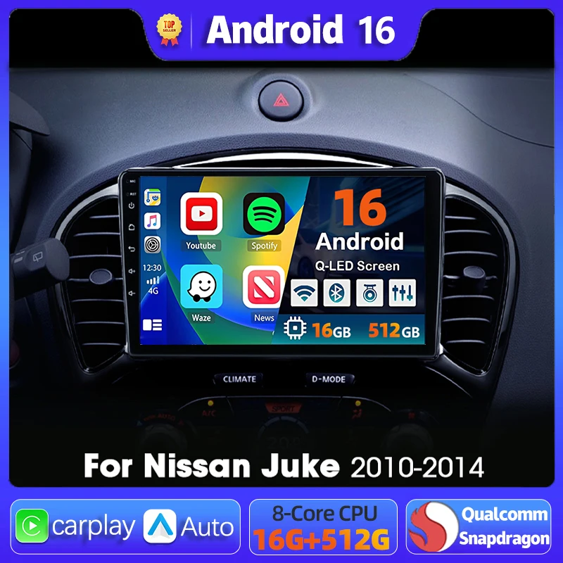 Reproductor Multimedia con Navegación Android 16 para Nissan Juke YF15 2010 2011 2012 2013 2014, Carplay, Auto Estéreo, DVD, BT, Video, DSP, Radio