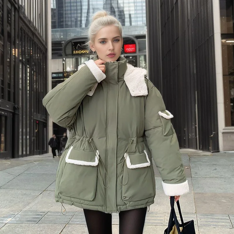 Jaqueta de algodão de lã de cordeiro para mulher 2025 inverno contraste com capuz casual parkas casacos 2 bolso engrossar jaqueta quente roupas femininas